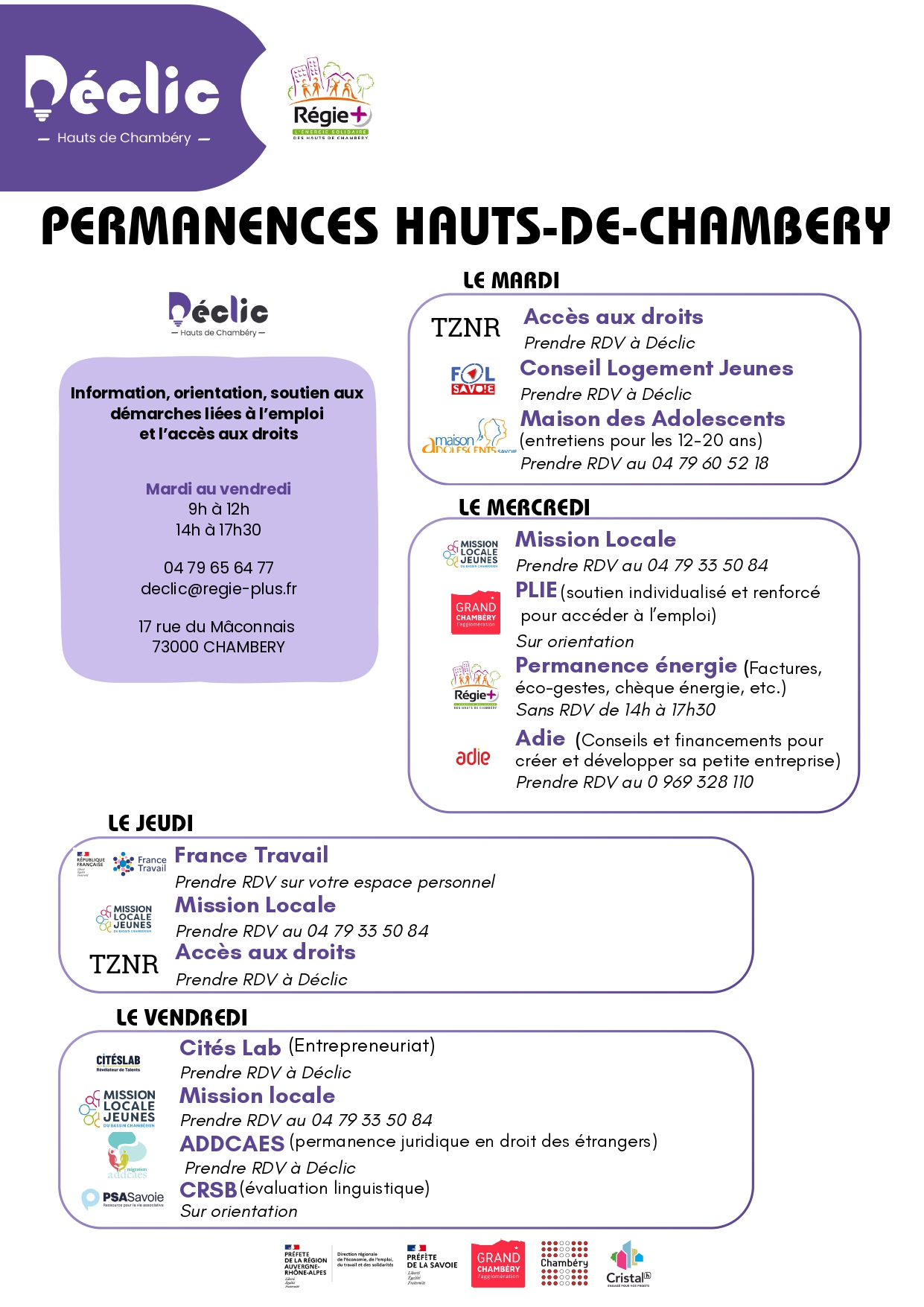 Horaires des permanences du Lieu ressource Déclic des Hauts-de-Chambéry.